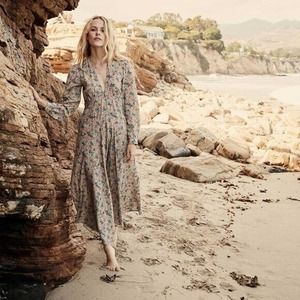 DOEN Sz S Small Charleston Cream Ladybird Floral Print Midi Dress Cotton Viscose